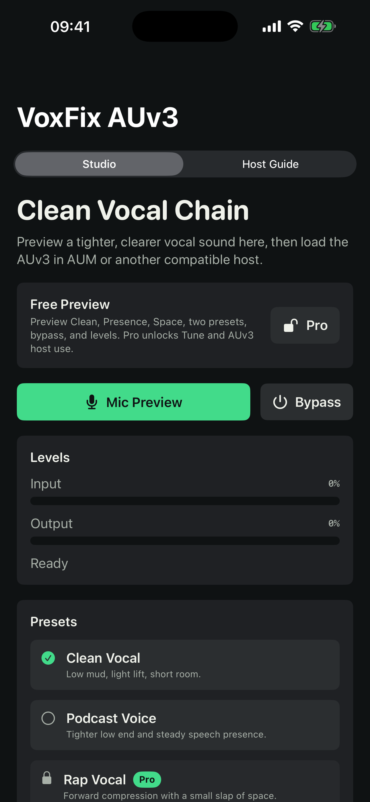 The real VoxFix iPhone Studio screen showing Free Preview, Mic Preview, Bypass, levels, and vocal presets